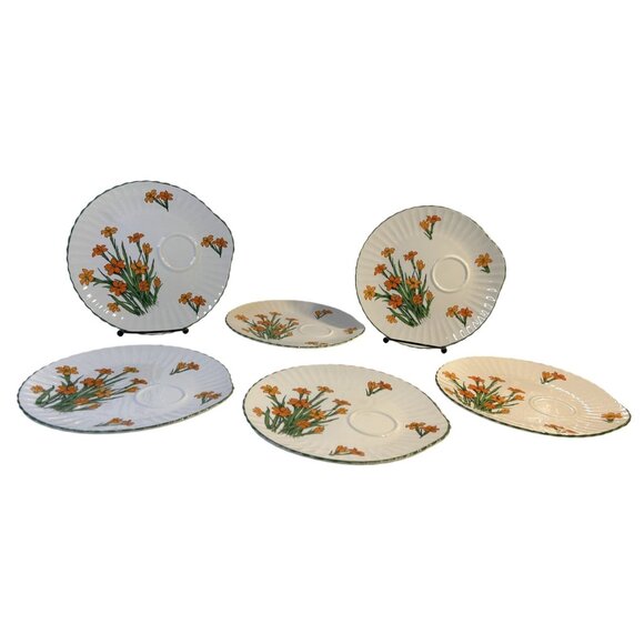 Crown Staffordshire DEVON Set-6 Orange Floral Fine Bone China Snack Plates - Picture 1 of 9